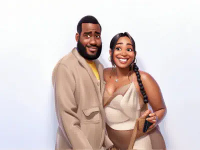 A happy animated couple stands together, smiling warmly. The man, with short dark hair and a beard, wears a beige suit over a yellow shirt. The woman, with long dark hair in a braided ponytail, is dressed in a strapless beige and white outfit.