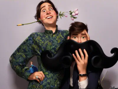 Two animated characters pose in a playful manner at an AniMe photo booth hire. The character on the left is holding a flower in their teeth and wears a green patterned outfit. The character on the right holds a large, fake mustache over their face. Both a