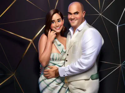 A digitally illustrated couple poses closely for a picture. The woman has medium-length brown hair and a checkered dress, while the man is bald with a white shirt, beige vest, and matching pants. The background features a dark geometric pattern with gold 