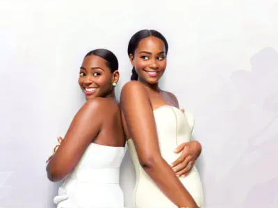 Two women, dressed in white, stand back-to-back smiling. Both have smooth, tied-back hairstyles and are wearing strapless dresses. They are in front of a soft gradient background, exuding elegance and happiness, like a scene from a wedding AniMe productio